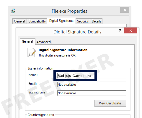 Screenshot of the Bad Juju Games, Inc. certificate